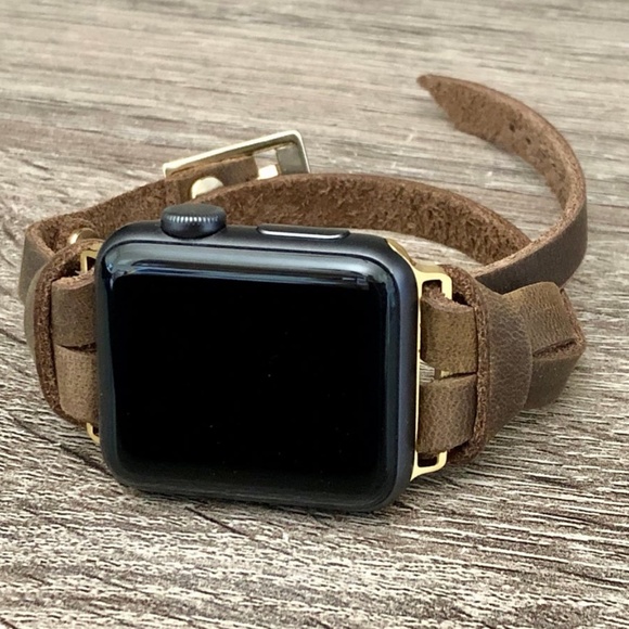 Double Wrap iWatch Vintage Brown Leather Gold Band - Picture 2 of 9